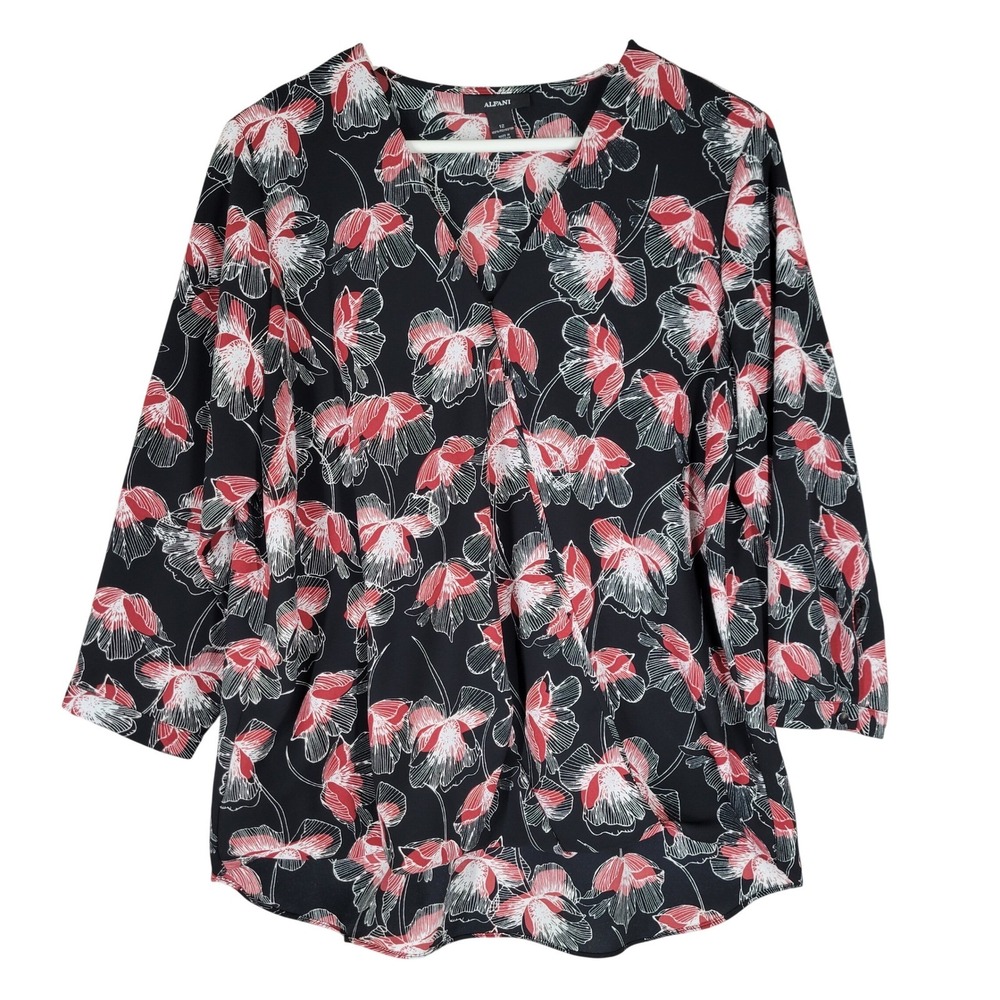Alfani Floral Wrap Blouse Womens 12 Black Red  3/4 Sleeve Top Career